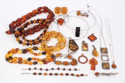 Lot 244 - Group silver mounted amber jewllery including pendants, rings, bracelets etc and amber type bead necklaces