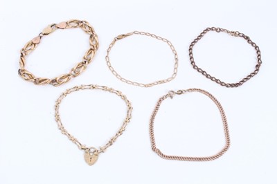 Lot 249 - Five 9ct gold chain bracelets