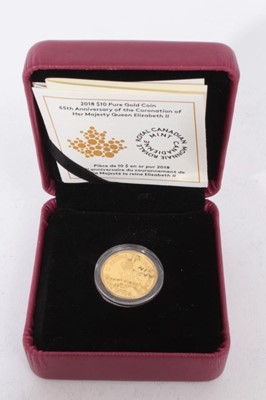 Lot 458 - Canada - The Royal Canadian Mint issued 24ct Gold Proof, Ten Dollars '65th Anniversary of the Coronation of Her Majesty Queen Elizabeth II' 2018 (Boxed with certificate of authenticity), (1coin)