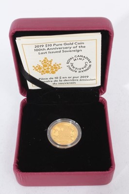 Lot 459 - Canada - The Royal Canadian Mint issued 24ct gold proof, Ten Dollars '100th Anniversary of the last issued Sovereign' 2019 (Boxed with certificate of authenticity), (1coin)