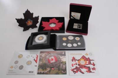 Lot 462 - Canada - The Royal Canadian Mint mixed fine silver coins to include Proof Seven Coin Set '75th Anniversary of V.E. Day' 2020, Twenty Dollar Maple Leafs 2013,2016 (N.B. In shape of maple leafs), 'Ma...