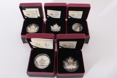 Lot 463 - Canada - The Royal Canadian Mint issued mixed fine ilver proof coins to include Ten Dollars 'Maple Leaf Silhouette Canada Geese' 2016 (weight 15.67gms), Twenty Dollars 'Gilded Silver Maple Leaf' 20...