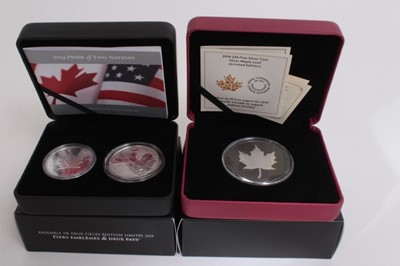 Lot 465 - Canada - The Royal Canadian Mint issued Limited Editions fine silver coins to include two coin set 'Pride of Two Nations' 2019 containing 1oz Maple Leaf and 1oz American Eagle, also Ten Dollars 'Ma...