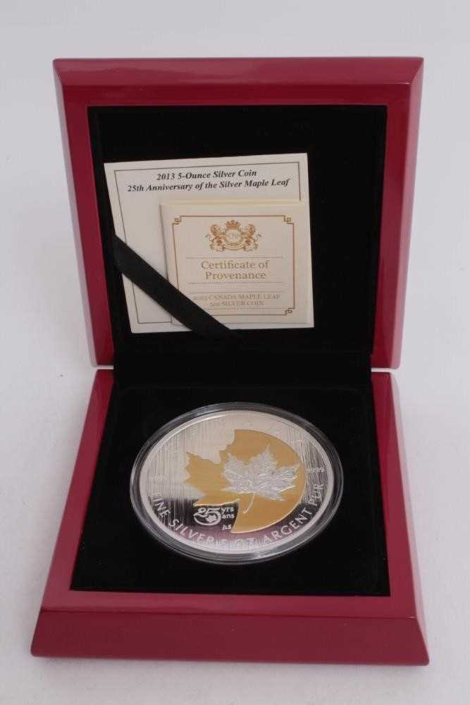 Lot 467 - Canada - The Royal Canadian Mint 5-ounce matt fine silver proof coin '25th Anniversary of The Silver Maple Leaf' 2013 (cased with certificate of authentication) (1 coin)