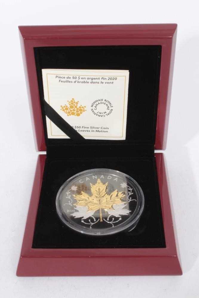 Lot 470 - Canada - The Royal Canadian Mint Fifty Dollar 5oz fine silver proof coin, 'Maple Leaves in Motion' 2020 (cased with certificate of authentication) (1 coin)