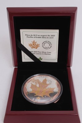 Lot 471 - Canada - The Royal Canadian Mint Fifty Dollar 5oz fine silver coin with rose gold plating , 'Maple Leaves in Motion' 2021 (cased with certificate of authentication) (1 coin)