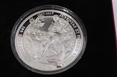 Lot 472 - Canada - The Royal Canadian Mint One Hundred Dollars 10oz fine silver proof coin, 'Juventas Et Patrius Vigar - The 1867 ConfederationMedal' 2017 (cased with certificate of authentication) (1 coin)