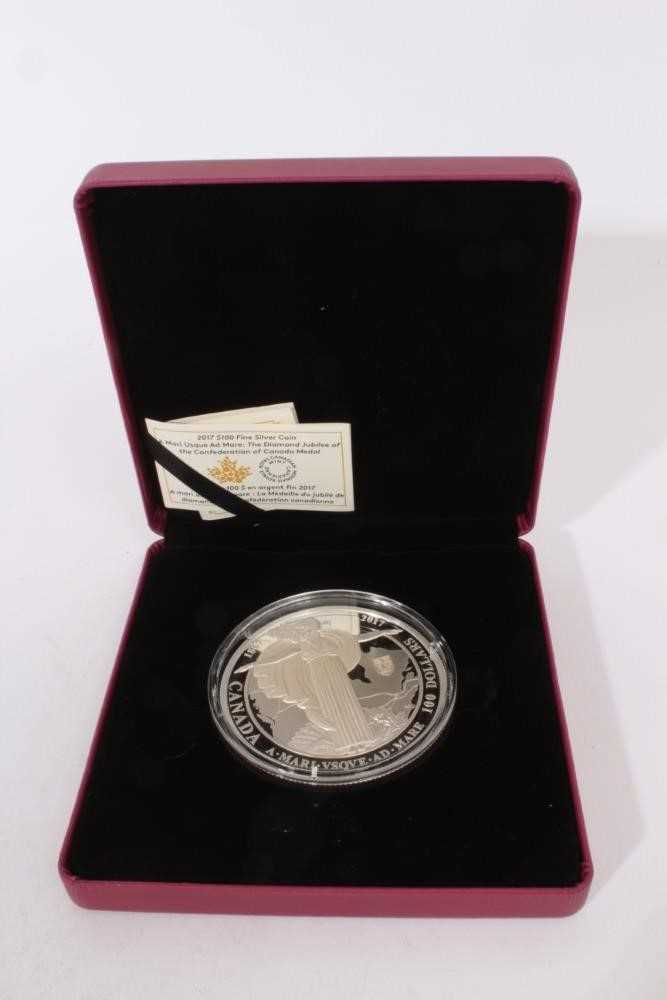 Lot 473 - Canada - The Royal Canadian Mint One Hundred Dollars 10oz fine silver proof coin, 'The Diamond Jubilee of The Confederation of Canada Medal' 2017 (cased with certificate of authentication) (1 coin)