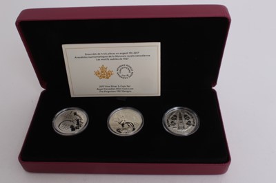 Lot 474 - Canada - The Royal Canadian Mint Three Coin fine silver reverse proof set, 'Royal Canadian Mint Coin Lore The Forgotten 1927 Designs' to include 1 Cent, 5 Cent and 25 Cent 2017 (N.B. eaxh coin weig...