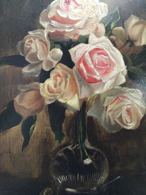 Lot 49 - English School 19th Century, A still life of roses in a vase, oil on mahogany panel, initialled DS and dated '18, in gilt frame. 36 x 27cm.