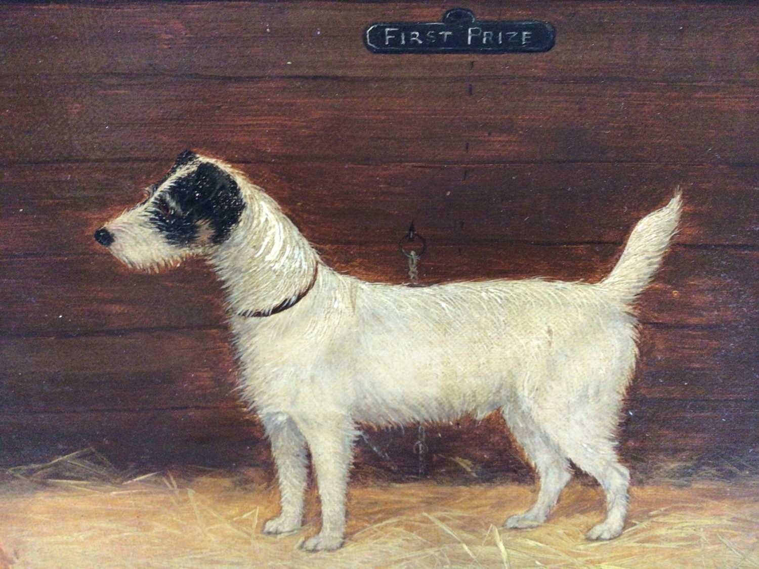 Lot 50 - English School 19th Century, "First Prize", a study of a terrier, oil on board, inscribed, in gilt frame. 18 x 22cm.