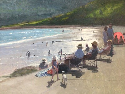 Lot 51 - Peter Z. Phillips, A sunny day at the beach, oil on canvas, signed and dated '21, in gilt frame. 35 x 46cm.