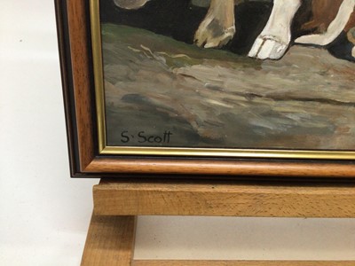 Lot 52 - S. Scott, A hound and her family, oil on board, signed, in gilt frame, 40 x 28cm.