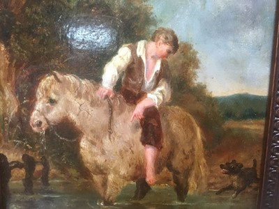 Lot 53 - English School 19th Century A boy on his pony with his dog in a stream, oil on board, in painted frame. 17 x 15cm.