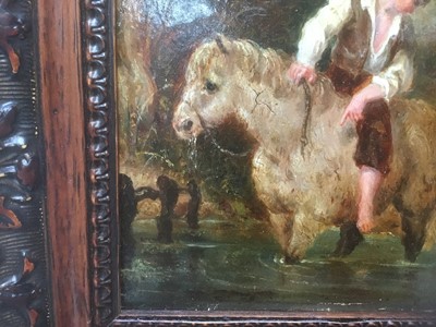 Lot 53 - English School 19th Century A boy on his pony with his dog in a stream, oil on board, in painted frame. 17 x 15cm.