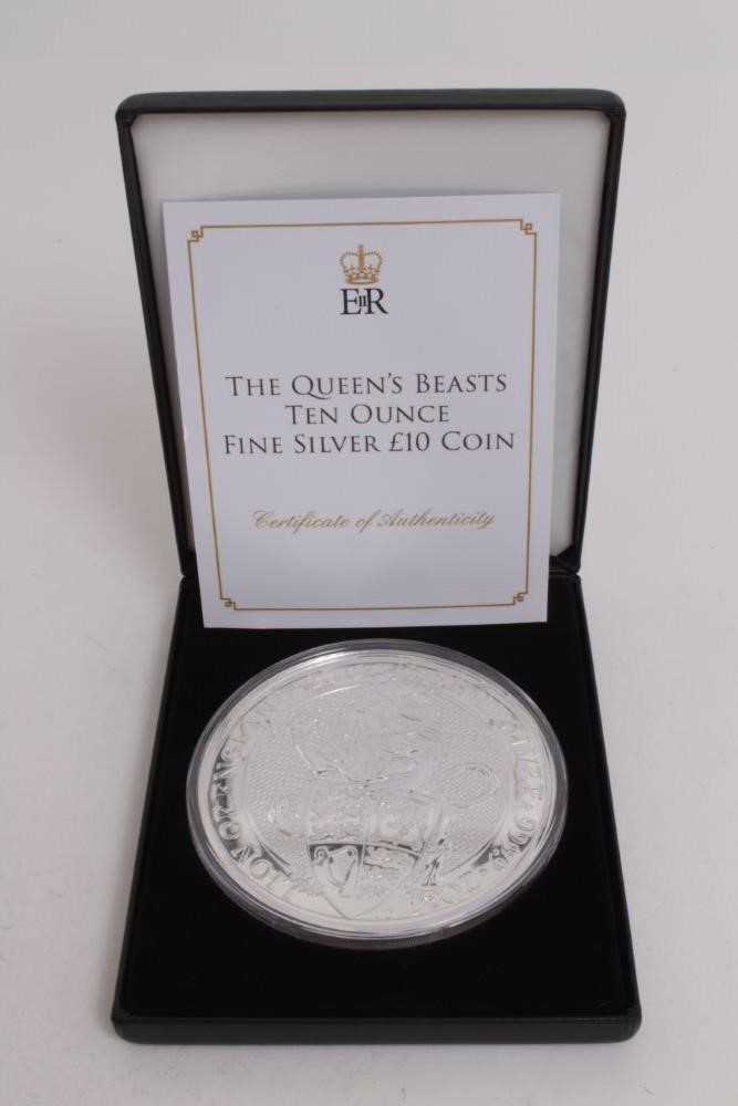 Lot 479 - G.B. The Royal Mint 10oz fine silver £10 coin 'The Queens Beasts Lion of England' 2017, (cased with certificate of authentication) (1 coin)