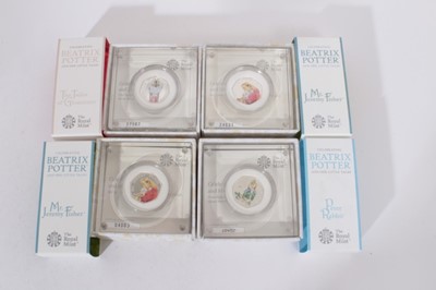 Lot 486 - G.B. - The Royal Mint silver proof fifty pence's - Beatrix Potter 2017 Mr Jeremy Fisher x 2 2018 Peter Rabbit and The Tailor of Gloucester (N.B. with colour in acrylic case and certificate of authe...