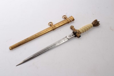 Lot 967 - Second World War Nazi Kreigsmarine Dress Dagger with etched steel blade by E. & F. Horster, Solingen, cream celluloid grip, in brass scabbard. N.B. pommel and crossguard are both cracked and have s...