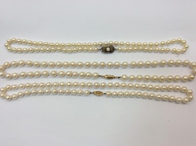 Lot 743 - Three single strand cultured pearl necklaces