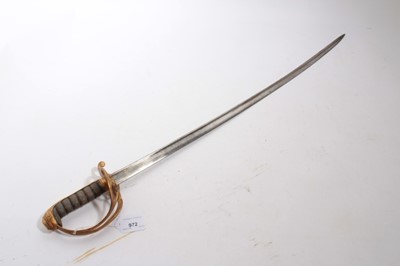 Lot 972 - Victorian 1822 Pattern Infantry Officers' sword with regulation Gothic hilt with crowned V R cipher, folding langet, wire bound shagreen hilt, pipe back blade with etched decoration, 76cm overall