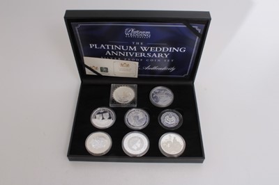 Lot 496 - Australia - Mixed fine silver proof coins to include 'The Platinum Wedding Anniversary' three coin set 2017,  (cased with certificate of authentication) and five other crown sized silver coins (Unc...