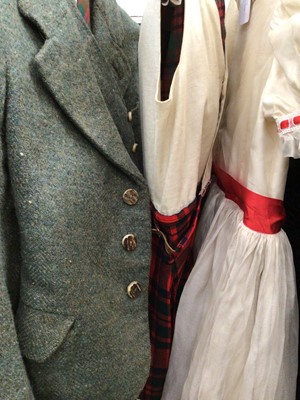 Lot 2000 - Child's vintage traditional Highland dress comprising of tweed jacket and waistcoat by Campbell's, tartan tie, kilt attached to cotton top plus a girls layered chiffon party dress with red ribbon t...