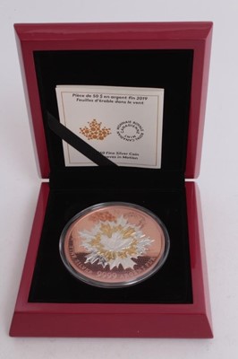 Lot 501 - Canada - The Royal Canadian Mint fine silver fifty dollar 5oz 'Maple Leaves in Motion' coin 2019 with reverse rose gold plated (cased with certificate of authentication) (1 coin)