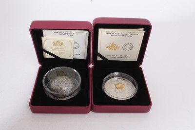 Lot 503 - Canada - The Royal Canadian Mint fine silver proof coins to include twenty five dollar 'Lest we Forget' 2018 (N.B. Coins in the form of steel helmet, weight 47.6gm) and thirty dollars 'Golden Maple...