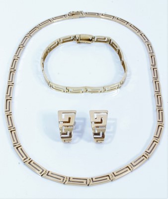 Lot 293 - 14ct gold Greek key design necklace, bracelet and earrings