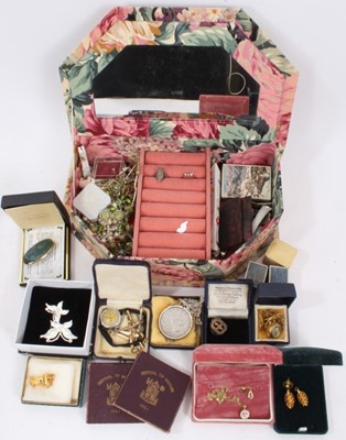 Lot 298 - Costume jewellery including silver mounted Crown on silver chain, silver and mother of pearl fruit knife, wristwatches, empty jewellery boxes and bijouterie