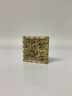 Lot 2351 - 19th century Chinese Canton carved ivory box with figure, tree and building decoration containing two ivory puzzles