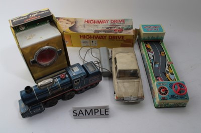 Lot 1689 - Highway Drive battery powered Japanese tin plate toy boxed, two UFO -2 toys boxed and other remote control and tin plate toys.