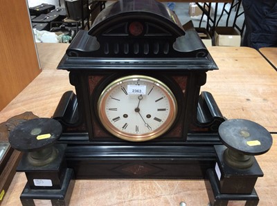 Lot 2363 - Slate mantel clock garniture, the clock with inlaid red marble, French movement, measuring