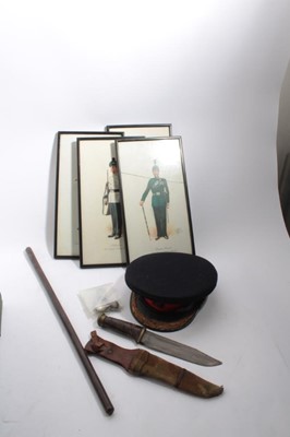 Lot 772 - Group of Irish Regimental framed prints, together with an officers' cap, leather baton, coins, whistle and knife.