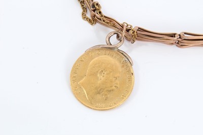 Lot 301 - Edwardian 9ct rose gold bracelet with Edwardian gold half Sovereign fob, 1910