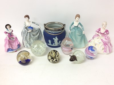 Lot 1116 - Group of Coalport ladies, Art glass paperweights and a Wedgwood biscuit barrel