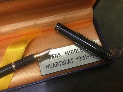 Lot 25 - Waterman's pen gifted to cast of Heartbeat, and medallion gifted to cast of Of time goes by, photograph of cast of latter