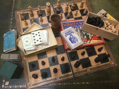 Lot 2376 - Antique turned wooden chess set, together with another chess set,  vintage cards and other toys