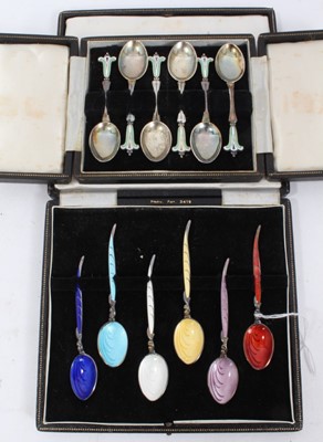 Lot 309 - Two 1950s cased sets of six silver and enamel teaspoons