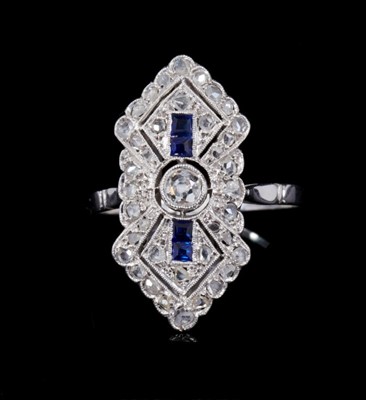 Lot 466 - Art Deco diamond and sapphire cocktail ring with geometric plaque