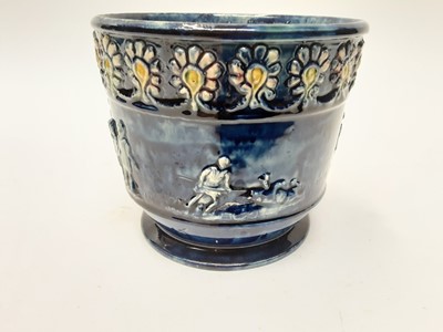Lot 92 - Castle Hedingham Edward Bingham blue glazed pottery vase/jardinière decorated with horse and cart, figures and a floral band, 12.5cm high, 13.5cm diameter