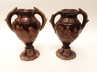 Lot 89 - Pair of Castle Hedingham Edward Bingham brown glazed twin handled pottery vases, 28cm high