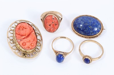 Lot 319 - 9ct gold carved coral brooch and similar ring, blue agate brooch and two 9ct gold blue stone rings