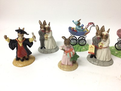 Lot 1151 - Ten Royal Doulton Bunnykins The Occasions Collection figures - Wedding Day x 3, Congratulations, Christening Day Boy, Christening Day Girl, Easter Treat, Christmas Morning, Graduation Time and Grad...