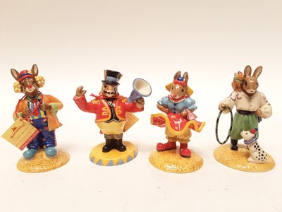 Lot 1155 - Seven Royal Doulton Bunnykins figures - Tino The Trixstar x 2, Clarissa The Clown x 2, Randolph The Ringmaster, Clarence The Clown and Mrs Collector, all unboxed