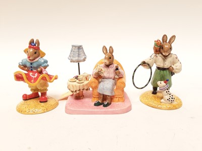 Lot 1155 - Seven Royal Doulton Bunnykins figures - Tino The Trixstar x 2, Clarissa The Clown x 2, Randolph The Ringmaster, Clarence The Clown and Mrs Collector, all unboxed