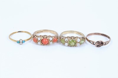 Lot 336 - Edwardian style 9ct gold coral and seed pearl ring, similar style peridot and seed pearl ring and two other antique gold rings