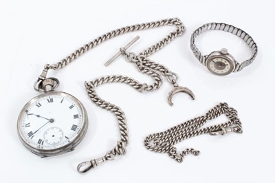 Lot 346 - Silver cased pocket watch with silver watch chain, one other silver watch chain and vintage silver cased wristwatch on plated expandable bracelet