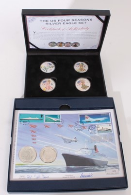 Lot 540 - World - mixed silver coins to include U.S. 'Four Seasons Four Coin Silver Eagle Set' ()NB colour enhanced) and The Concord & QE2 35th Anniversary 'Two coin silver cover (2 coin sets)