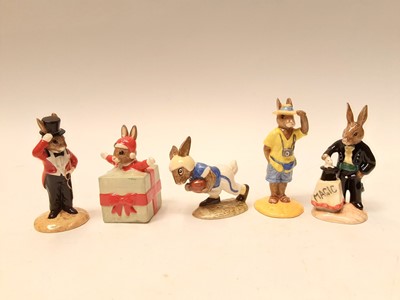 Lot 1160 - Sixteen Royal Doulton Bunnykins figures - Seaside, Schooldays, Ringmaster, Morris Dancer, Bedtime, Billie & Buntie, Bath Night, Little Jack Horner, Christmas Surprise, Magician, Tourist, Sweet Drea...